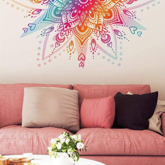 Bohemian Style Floral Mandala Wall Decal - PVC Material, Self-Adhesive, Durable, and Battery-Free