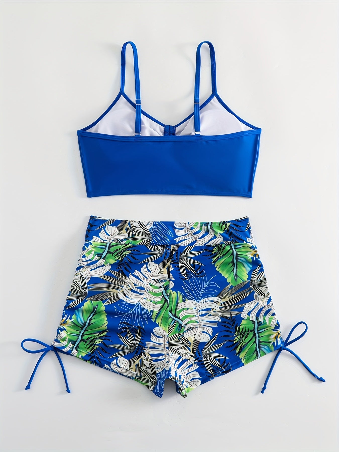 Tropical Leaf Print Two-Piece High Waist Bikini Sets - Spaghetti Strap, Drawstring Shorts, High Stretch Polyester, Machine Washable, Customized Fit - Perfect for Swimming, Womens Swimwear & Clothing