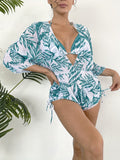 3-Piece Leaf Print Bikini Set - Flattering Halter Neck, High Waist, Adjustable Drawstring Cover Up - Perfect for Koningsdag/Kings Day Celebrations - Stylish Womens Swimwear Ensemble