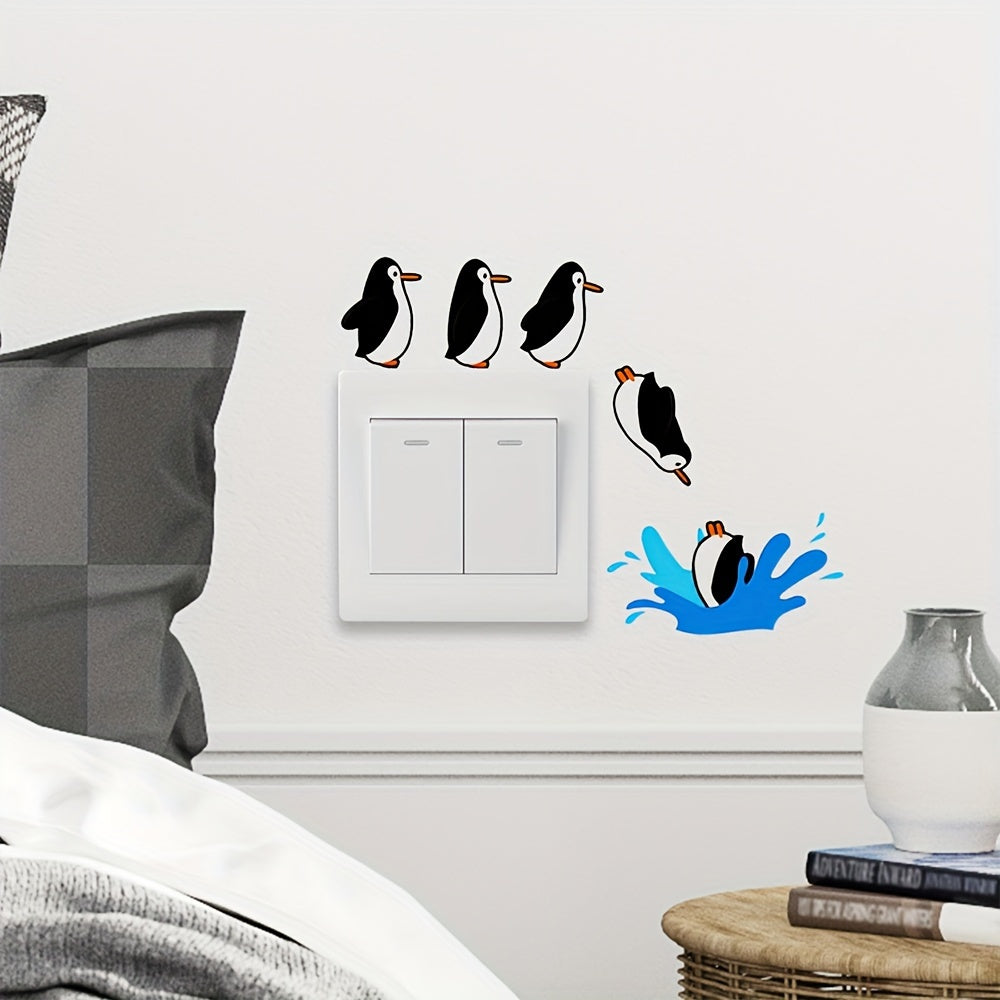 Contemporary Cartoon Penguin Wall Stickers - Self-Adhesive & Reusable Polyvinyl Chloride Decals, 3D Switch Decor Murals, Matte Finish, for Glass Surfaces, No Electricity Needed - Set of 2