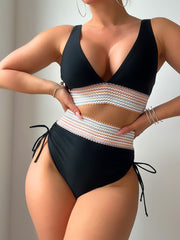 Women High Waisted Two Piece Bikini Sets Tummy Control Swimsuits Color Block Two Piece Drawstring Bathing Suit