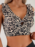 Two-Piece Quick Dry Leopard Print Women's Bikini Set, High Waist Bottoms With Ruffle Top For Summer Beachwear