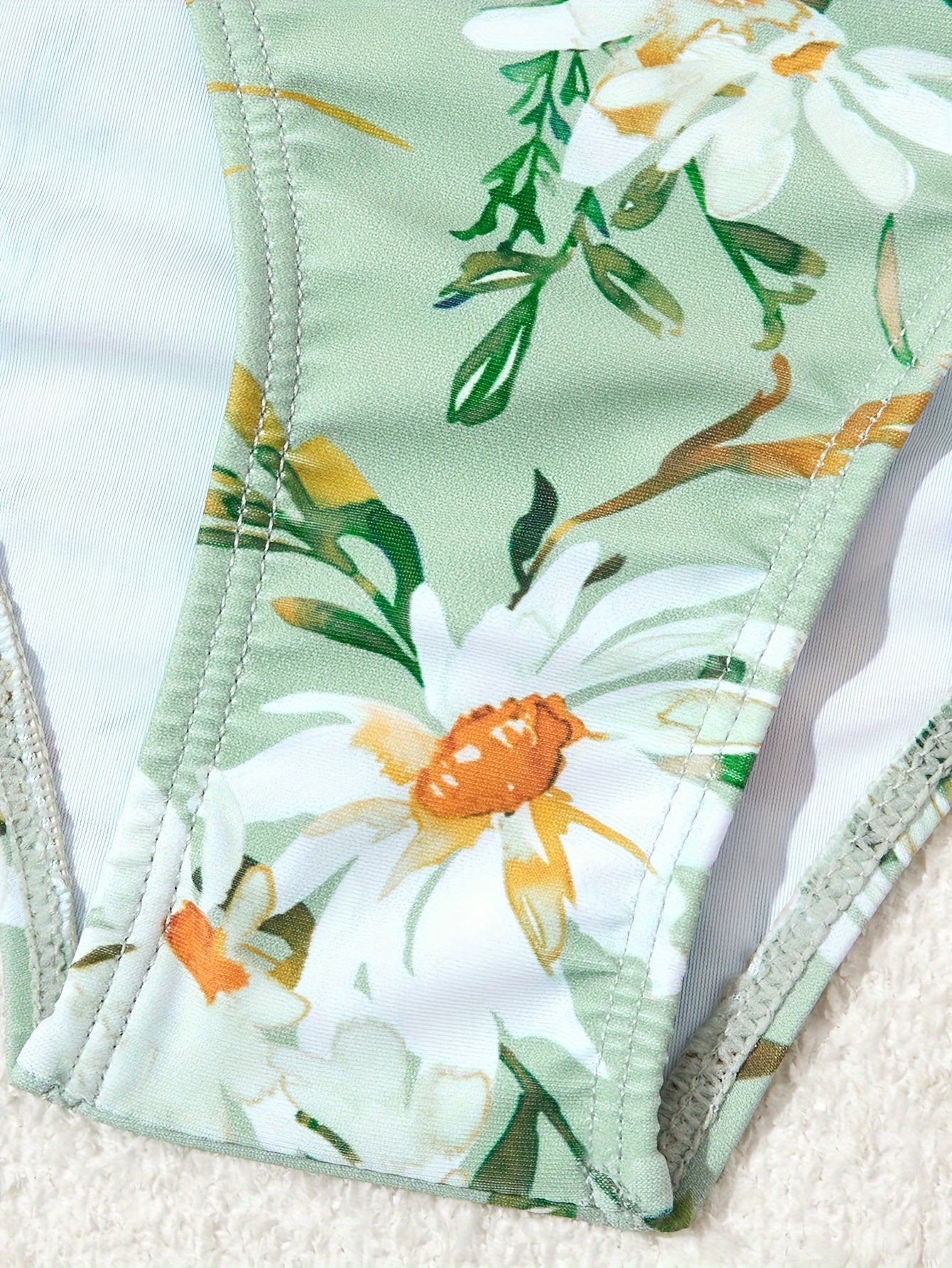 Daisy Floral Print Ruched Shoulder Straps High Waist High Cut Green Color Two Piece Bikini Sets Swimsuit, Women's Swimwear