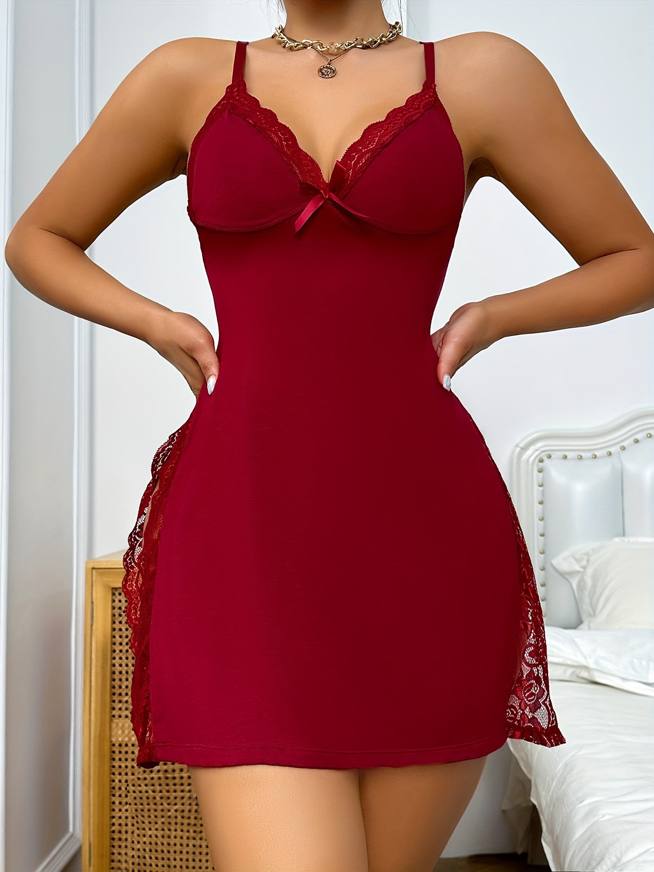 Sexy V Neck Slip Nightdress - Soft Micro Elasticity Polyester Fabric, Bow Details, Hand Wash Only, Solid Color, All-Season Sleepwear for Women