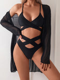 Solid Color Sexy 3 Piece Set Bikini, V Neck Layered Cut Out High Cut With Long Sleeves Cover Up Shirt Swimsuits, Women's Swimwear & Clothing