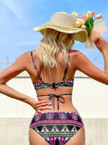 Vibrant Tribal Print Two Piece Bikini Sets - Women's Swimwear Triangle Top with Criss Cross Layered Centre Core Tie Back, Ladder Straps, Side Low Waist, and All Over Print Design - Perfect for Beach and Pool Time