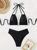 Plain Black Color Triangle Halter Tie Strap Backless 2 Piece Set Bikini Swimsuits, Women's Swimwear & Clothing