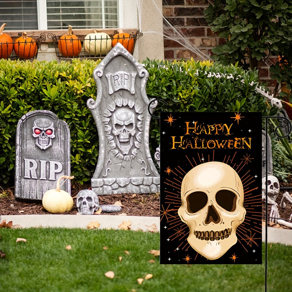 Happy Halloween Spooky Skull Garden Flag - Durable Polyester, Stake-Style Outdoor Decor For Yard & Patio