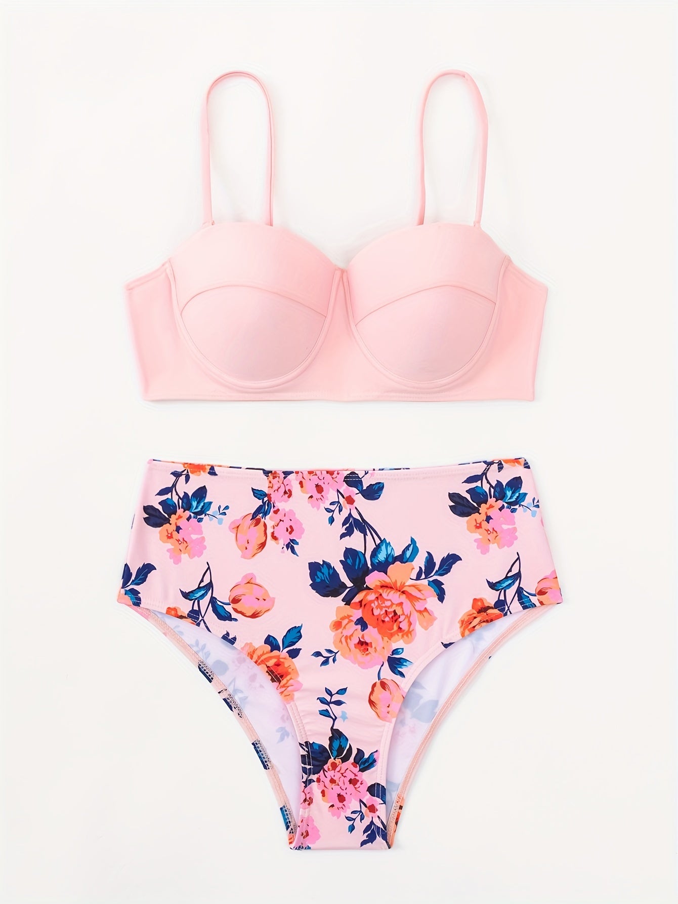 Floral Print High Waisted Push Up 2 Piece Set Bikini, Spaghetti Strap High Stretch Pinkish Swimsuits, Women's Swimwear & Clothing