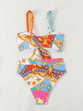 Allover Print Knot Front High Waist 2 Piece Set Bikini Swimsuits, Women's Swimwear & Clothing