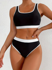 Two-Piece High-Waisted Women's Swimsuit Set, Contrast Trim Sporty Beachwear Bikini