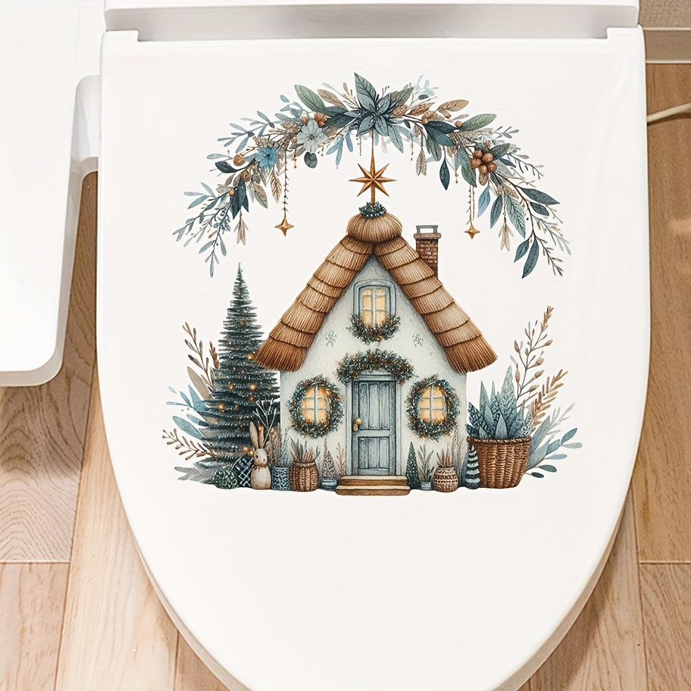 Christmas House Toilet Lid Decal - Self-Adhesive PVC Bathroom Decor, Ceramic Surface Compatible, Single Use, Irregular Shape, Semi-Matte Finish - Festive Home Accent Sticker