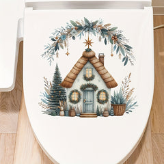 Christmas House Toilet Lid Decal - Self-Adhesive PVC Bathroom Decor, Ceramic Surface Compatible, Single Use, Irregular Shape, Semi-Matte Finish - Festive Home Accent Sticker