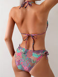 Allover Print Ethnic Style Triangle Halter Tie Strap Backless 2 Piece Set Bikini Swimsuits, Women's Swimwear & Clothing