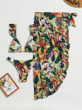 3-Pieces High Cut Floral Print Bikini Sets with Lettuce Trim Tie Back and Cover Up Skirt, Women's Swimwear