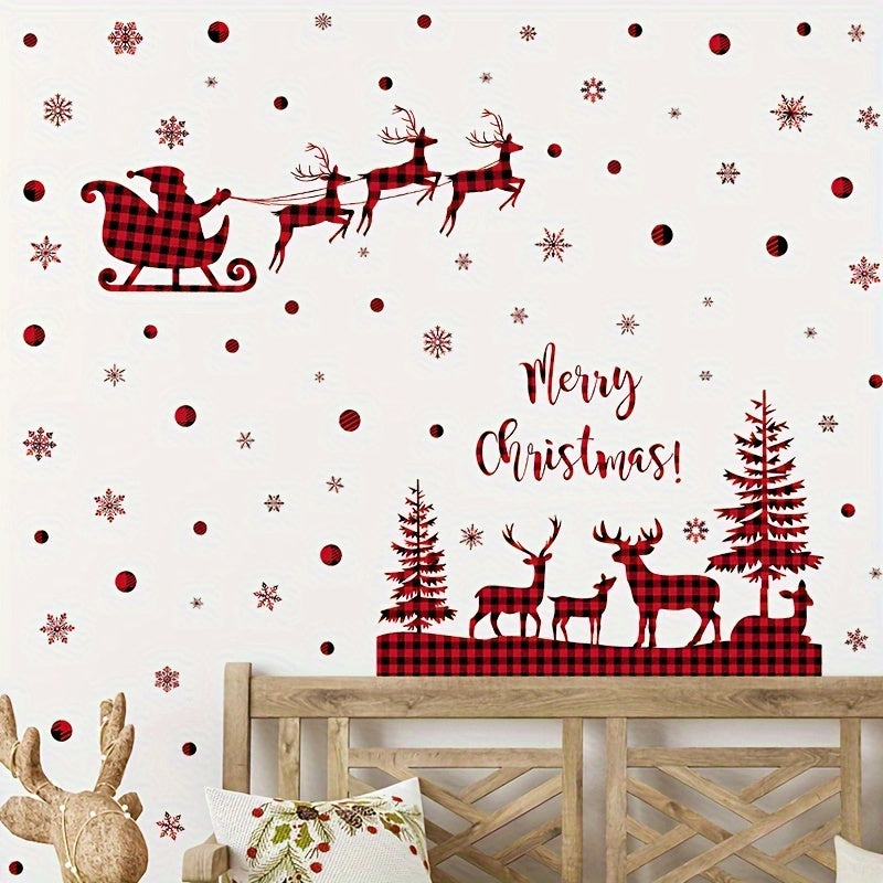 8pcs Vibrant Red Christmas Tree & Reindeer Wall Decals - Easy Stick, Removable PVC Window Clings for Festive Home Decor in Bedroom, Living Room, Entryway