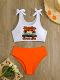 Women's Two-Piece Bikini Set Scoop Neck Sleeveless Printed Top with High Waist Orange Bottoms, Polyester and Elastane Blend Knit Fabric Swimwear with Medium Stretch for Beach and Pool