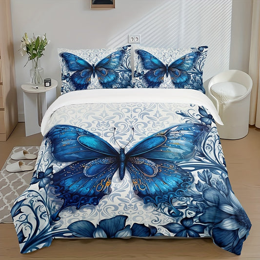 Luxury Blue Butterfly 3pc Bedding Set: Breathable, All-Season Duvet Cover & Pillowcases, Easy Maintenance for Comfort & Style