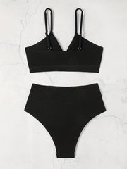 Textured Fabric Plain Black 2 Piece Set Bikini, V Neck Ruched Spaghetti Strap High Waisted Swimsuits, Women's Swimwear & Clothing