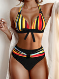 Vibrant Striped Bowknot Bikini Set - Halter, Backless, High Waist - Stretchy 2-Piece Swimsuits for Women - Summer Ready Swimwear