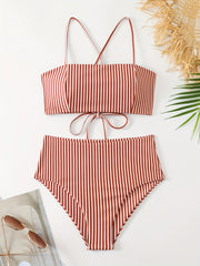 2 Piece Retro Chic Bikini Set - Crisscross Hollow Out, High Waisted, Stretchy, Lace Up Tie Back, Red Striped Print Swimsuit - Women's Swimwear & Clothing for Summer Beach Vacation