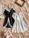 2 Pcs Satin Lace Trim Solid Nightgown, V Neck Cross Strappy Backless Slip Dress, Sexy Women's Sleepwear