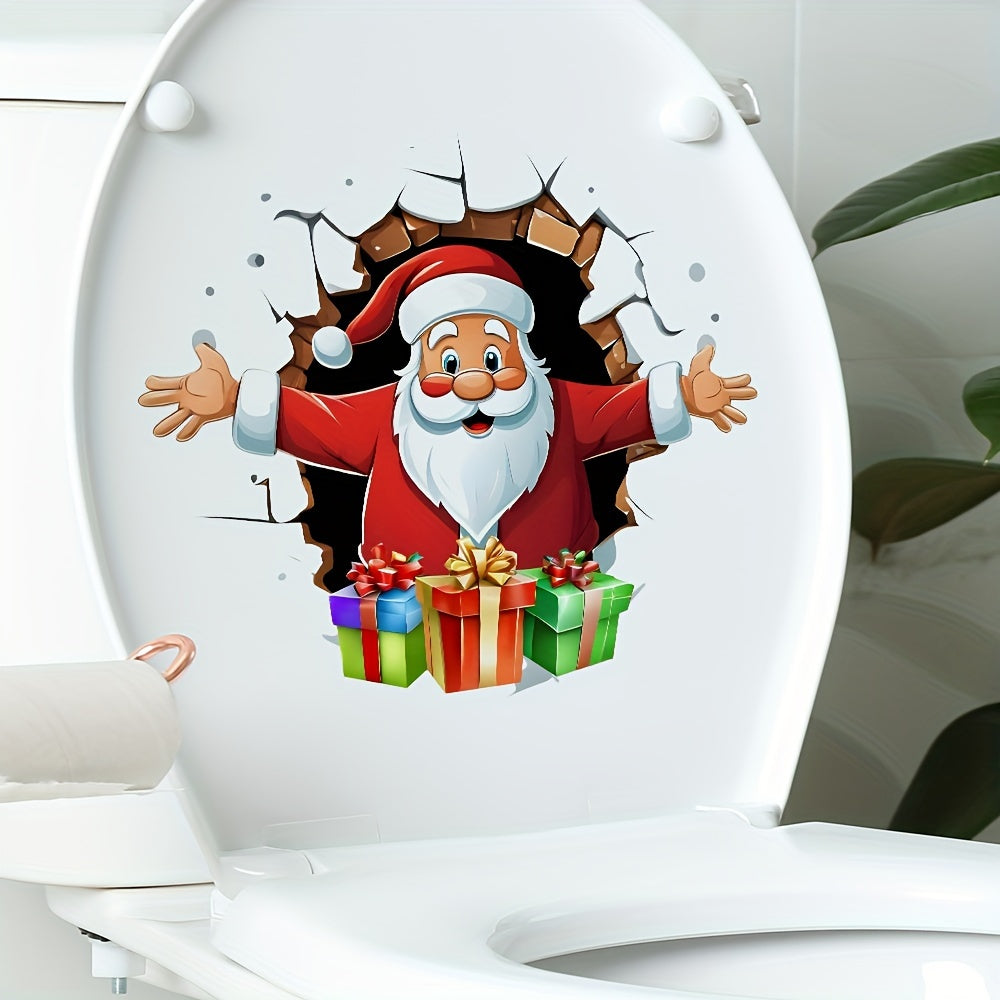 3D Santa Claus Toilet Sticker, Christmas Bathroom Decor, PVC Self-Adhesive Ceramic Toilet Tank Cover Decal, Reusable, Rectangular, Semi-Matte Finish