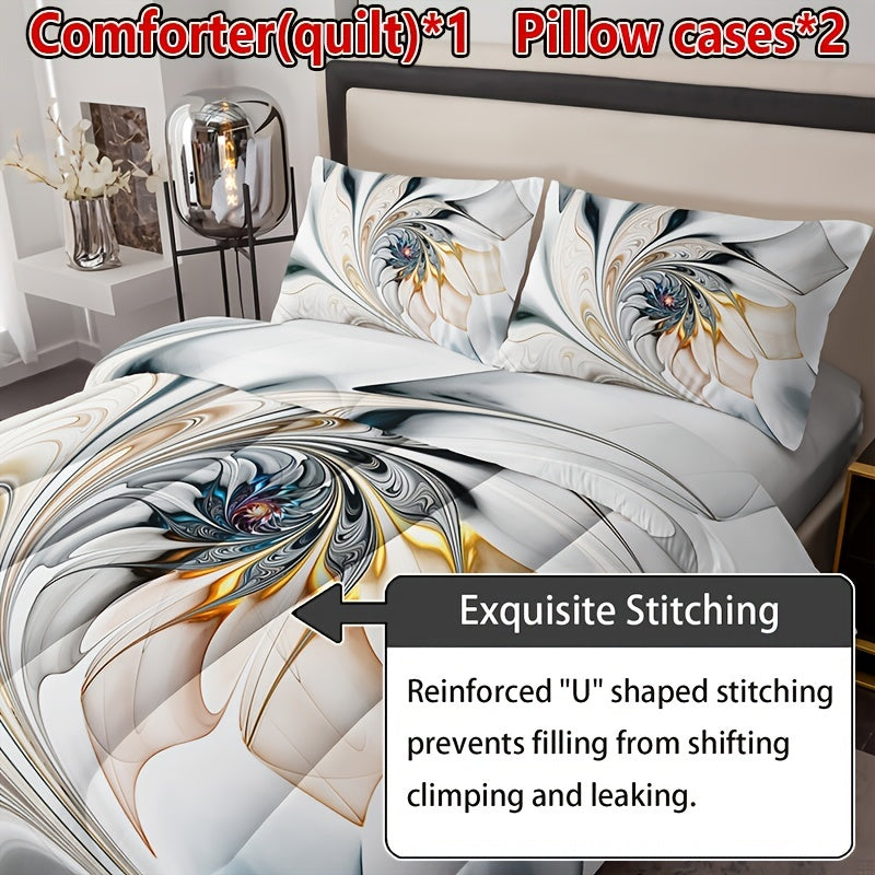 All-Season Elegance: 3pc Soft Woven Marble Pattern Quilt & Pillowcase Set, Easy-Care Polyester