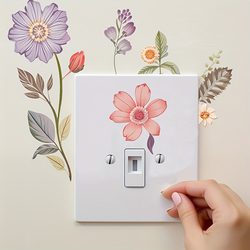 Art Deco Flower Wall Decals, 4-Pack PVC Light Switch Surround Floral Mural, Peel and Stick Decorative Appliqué for Entryway, Porch, Living Room, Bedroom, Office, Dorm - Matte Finish Polyvinyl Chloride Murals with Multi-Surfa