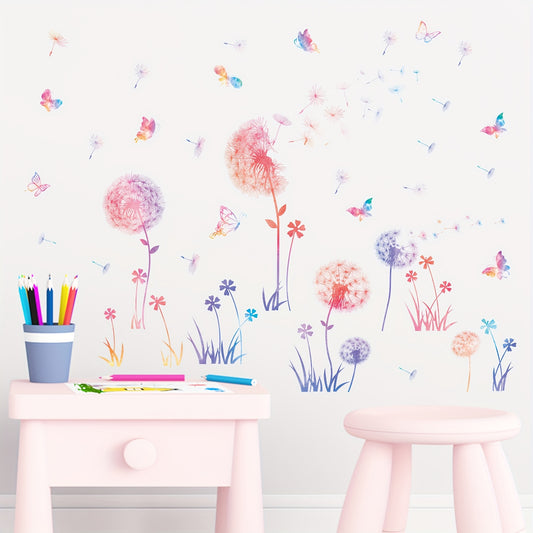 Colorful Dandelion & Butterfly Wall Decals - Wildflower Floral Stickers for Living Room, Bedroom, and TV Background Decor - Easy Apply PVC Home Decor