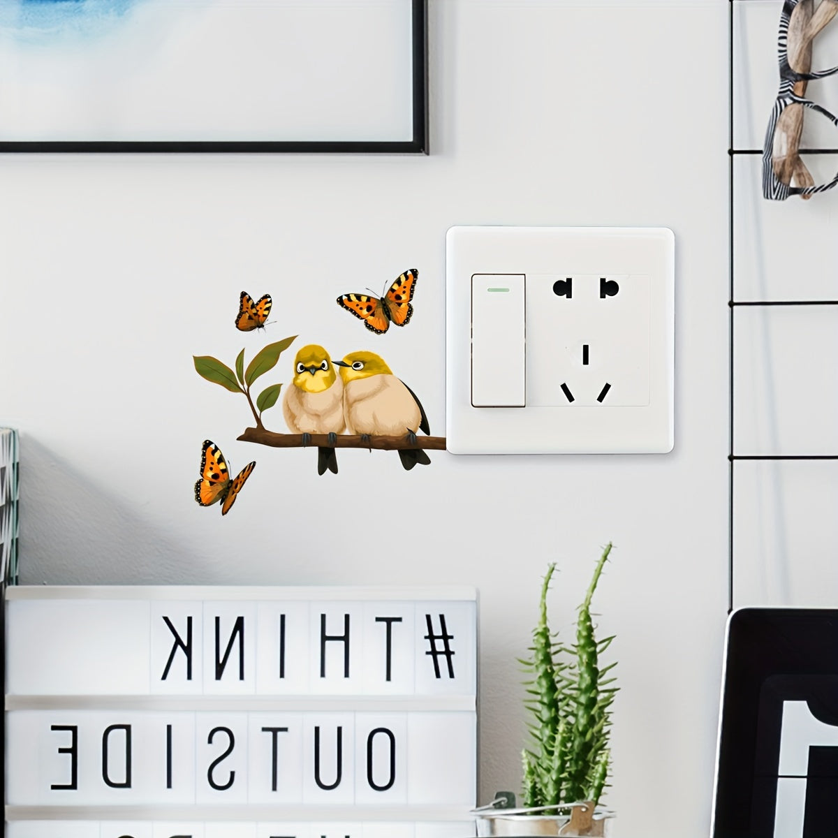 Classic Bird and Butterfly Branch Wall Decals - PVC Material, Matte Finish, Irregular Shape, Reusable, Self-Adhesive for Ceramic Surfaces, No Electricity or Battery Needed