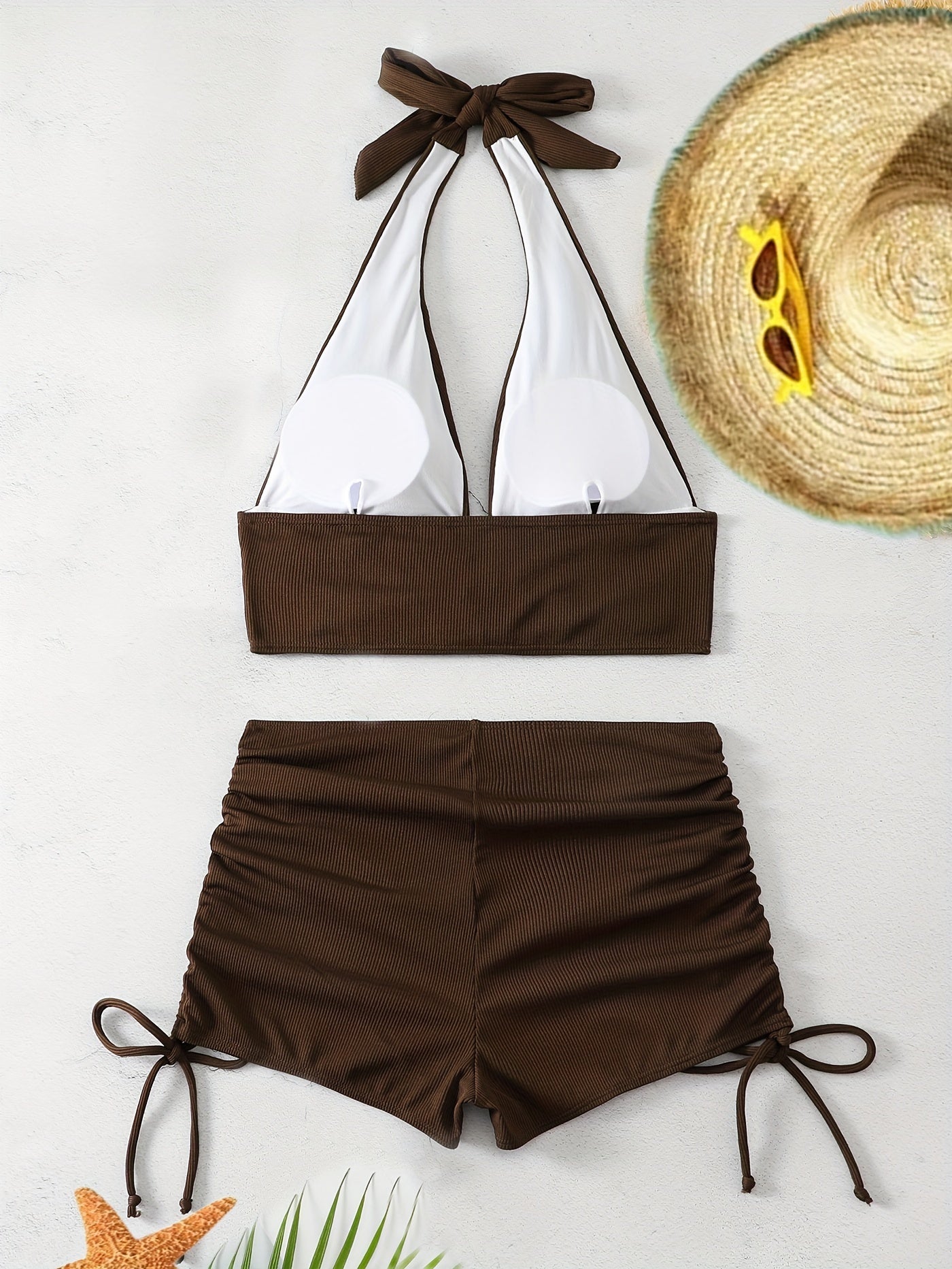 2 Piece Set Bikini Swimsuit - Halter V Neck, Drawstring Tie Front, Tie Side Boxer Short Bottom, Comfortable, Adjustable, Quick Drying, Women's Swimwear & Clothing for Beach Vacation