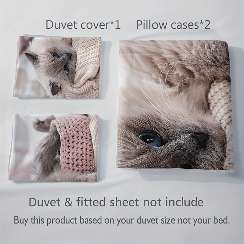 3pcs Polyester Duvet Cover Set (1*Duvet Cover + 2*Pillowcase, Without Core), Fashion Cute 3D Cat Print All Season Bedding Set, Soft Comfortable Duvet Cover, For Bedroom, Guest Room