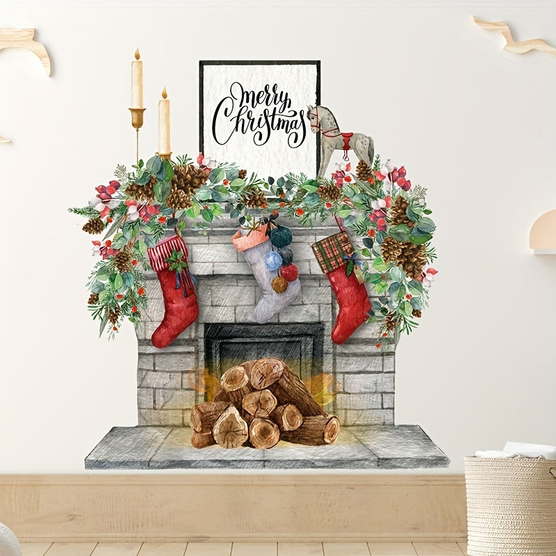 Merry Christmas Faux Fireplace Wall Decal with Flames - Perfect for Living Room & Kitchen Home Decor, Easy Stick-On, No Battery Needed