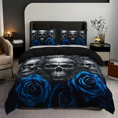 3pcs Duvet Cover Set, Fashion Novel Blue Rose Skull Print Bedding Set, Soft Comfortable Duvet Cover, For Bedroom, Guest Room (1*Duvet Cover + 2*Pillowcase, Without Core) For Halloween