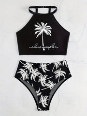 Two-Piece High-Waisted Conservative Bikini Set - Soft High Stretch Polyester, Coconut Palm Print, Random Printing, Hand Washable, Customized Knit Fabric - Perfect for Summer Beachwear and Pool Parties