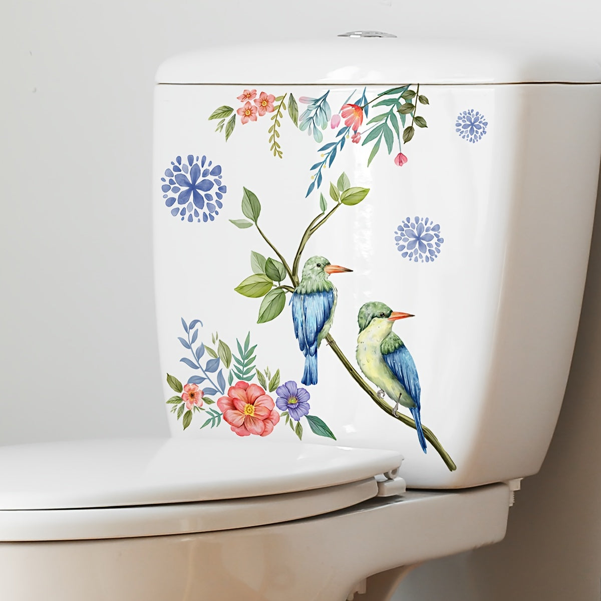 Charming Bird & Floral Toilet Lid Decal - Matte Finish, Self-Adhesive Bathroom Wall Sticker for Easy Installation