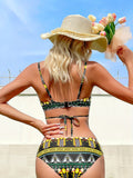 Vibrant Tribal Print Two Piece Bikini Sets - Women's Swimwear Triangle Top with Criss Cross Layered Centre Core Tie Back, Ladder Straps, Side Low Waist, and All Over Print Design - Perfect for Beach and Pool Time
