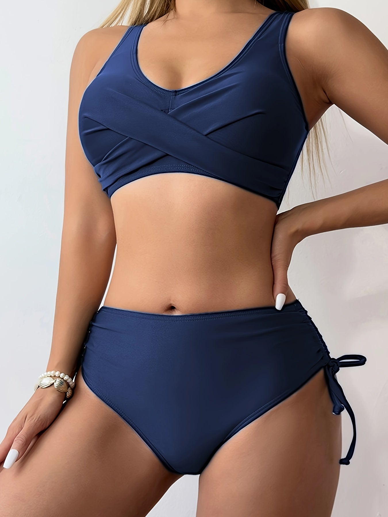 2 Piece Set Bikini - Twist Front V Neck Swimsuit with Drawstring Lace Up, Tie Back, Stretchy Fabric, Comfortable Fit for Beach Pool Bathing - Women's Swimwear & Clothing for Summer Vacation