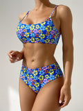 Floral Chic High-Waisted Bikini Set - Adjustable Straps, Sexy Push-Up Cups, Comfortable Two-Piece Swimsuit with Ruffled Hem, Perfect for Summer Beach Vacation, Pool Party, or Water Sports - Women's Swimwear for Confidence and