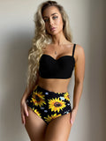 Sun Flower Print Black High Waisted 2 Piece Set Bikini, Spaghetti Strap Stretchy Stylish Swimsuits, Women's Swimwear & Clothing