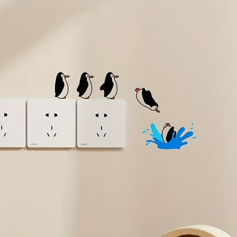 Contemporary Cartoon Penguin Wall Stickers - Self-Adhesive & Reusable Polyvinyl Chloride Decals, 3D Switch Decor Murals, Matte Finish, for Glass Surfaces, No Electricity Needed - Set of 2