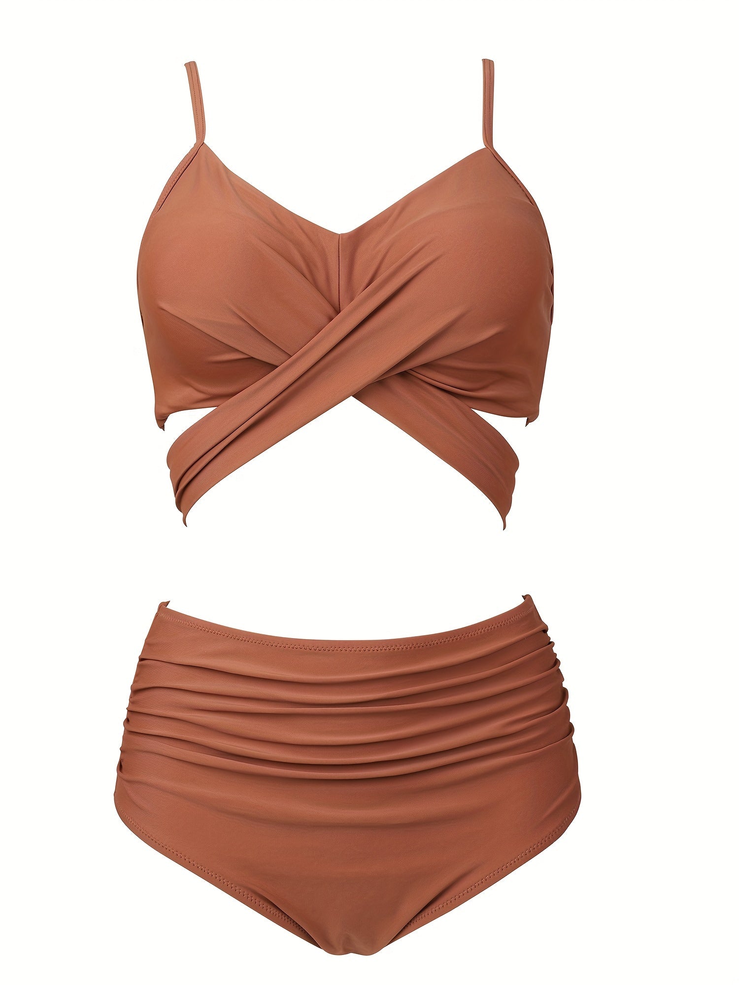 2 Piece Ruched Bikini Set - Women's High Waist Swimsuits with V Neck, Solid Color, Comfortable Swimwear & Clothing for Beach Vacation