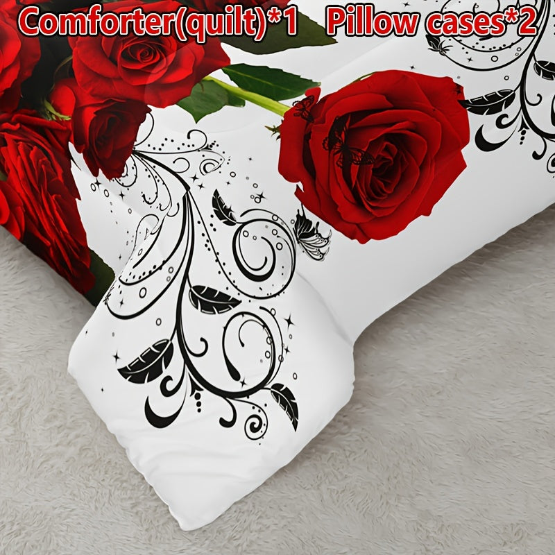 3pcs Romantic Red Rose Floral Quilt Set (1 Quilt + 2 Pillowcase Without Pillow Insert), Valentine's Day Quilted Bedding Set Soft Comfortable Breathable Printed Home Dorm For All Season