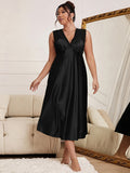 Plus Size Elegant Sleep Dress - Soft Satin, Contrast Lace, V Neck, Backless, Tank Style, Comfortable Nightdress for Women