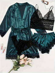 Three Quarter Sleeve Satin Elegant Lounge Set, Contrast Lace Robe With Belt, Cami Bra, Panty, and Elastic Shorts, Women's Loungewear