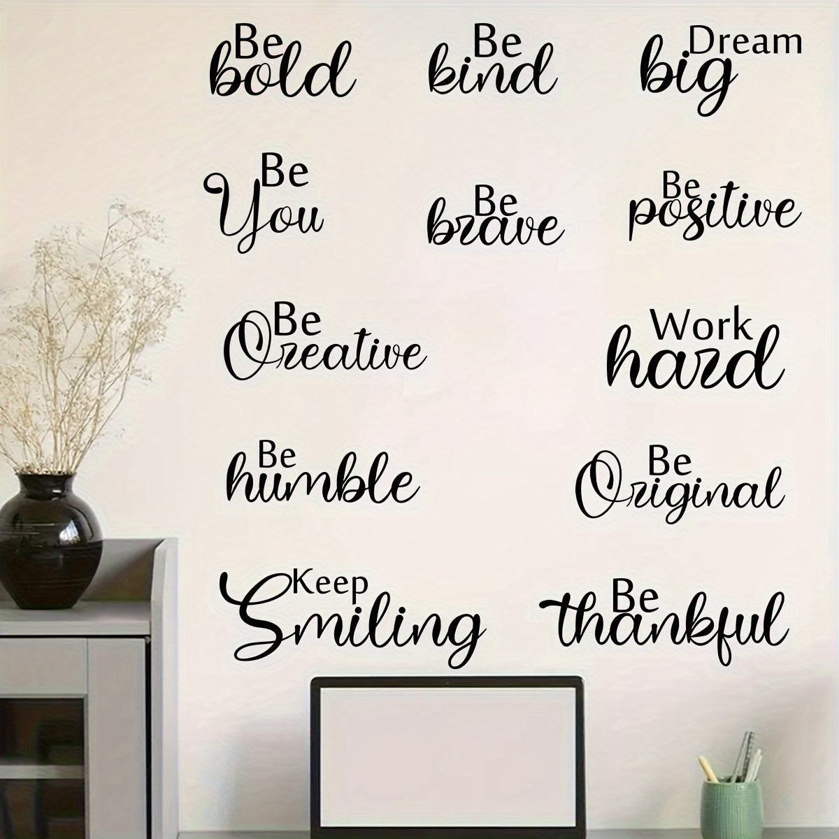 12Pcs Contemporary Inspirational Quote Wall Stickers, Graphic PVC Decals, Semi-Matte Self-Adhesive Art for Bedroom, Living Room, Door Décor, Multi-Surface Installation, Irregular Shape Motivational Phrases, Single Use Remova