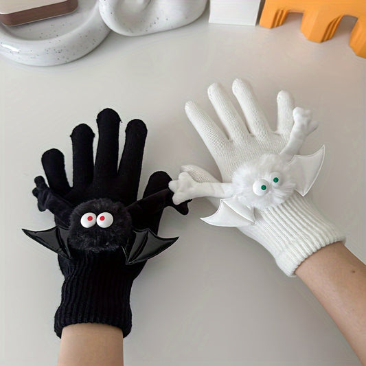 Couples' Winter Acrylic Woven Bat Hand Puppet Five-Finger Touchscreen Compatible Mittens with Magnetic Attraction - Hand Wash Only