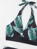 Flirty Leaf Print Halter Tie Neck Bikini Set - High Waist, Stretchy Tummy Control Swimsuit - 2 Piece, Figure-Flattering Swimwear for Women