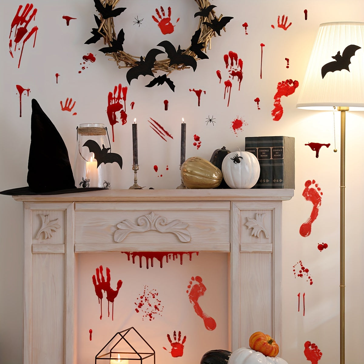 Spooky Halloween Wall Stickers: 4 Sheets of 11.81*7.87inch Blood Splatters, Handprints, and Skeletons for Your Bathroom Decor